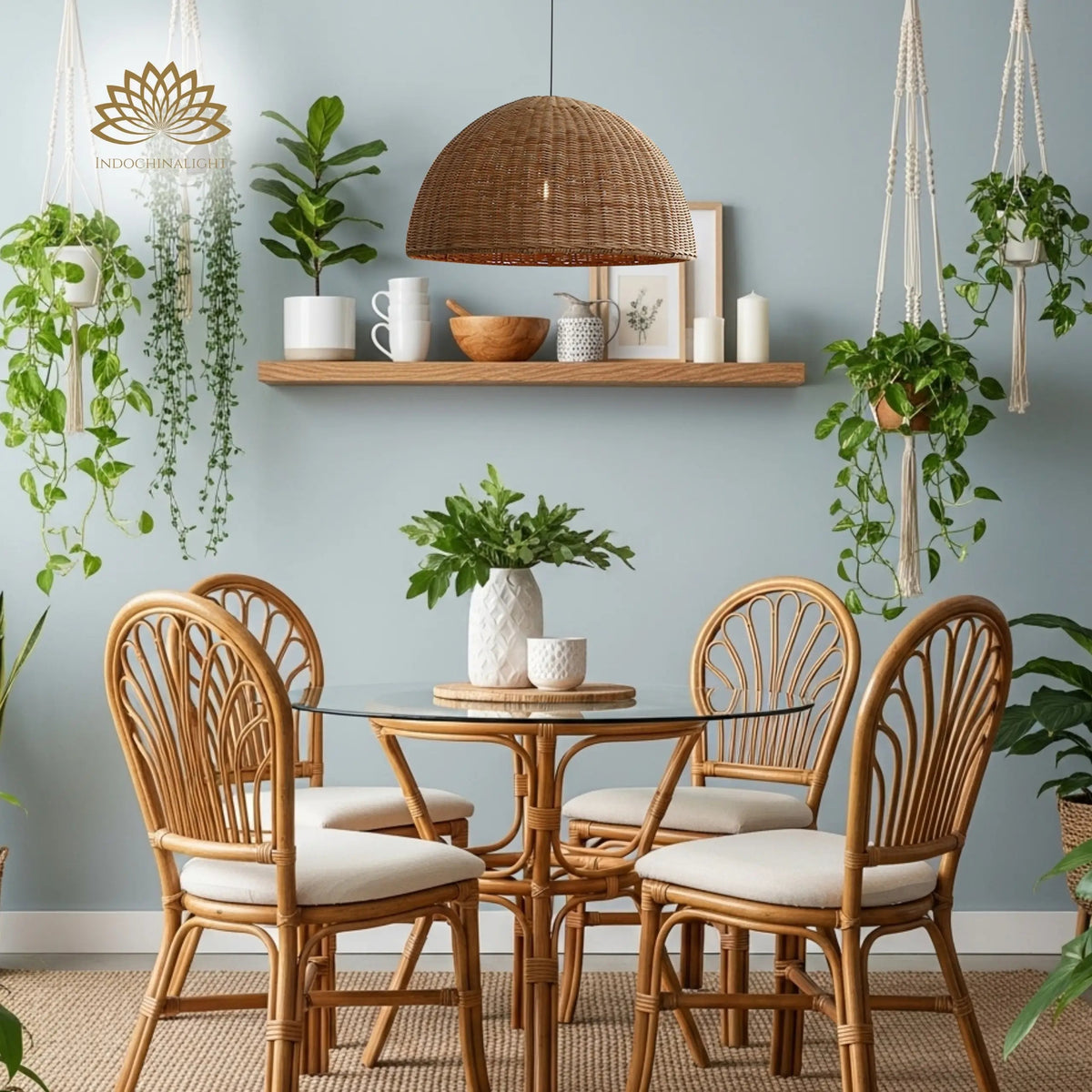 Thaely Dome Rattan Pendant in dining room, 23.6-inch dome casting dappled light across the tabletop without glaring at chair height