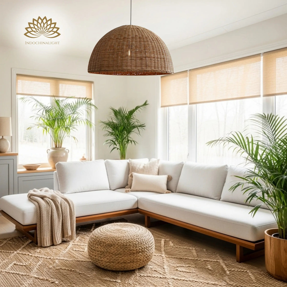 Thaely Dome Rattan Pendant in living room, 31.5-inch dome anchoring the coffee table with open weave scattering ambient light across the seating area