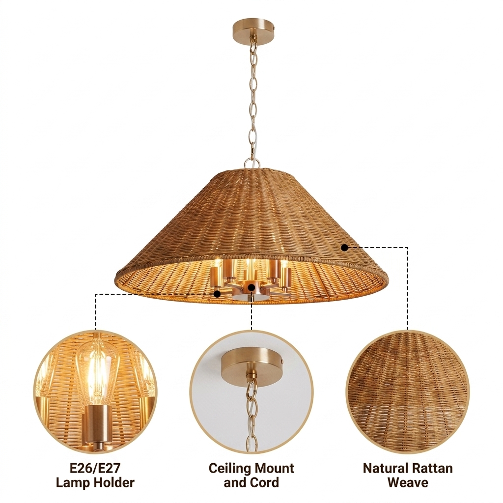 Timor Rattan Drum Wicker Pendant with hand-coiled tight rattan weave, natural matte finish, adjustable cord mount, five E26 sockets for warm ambient glow