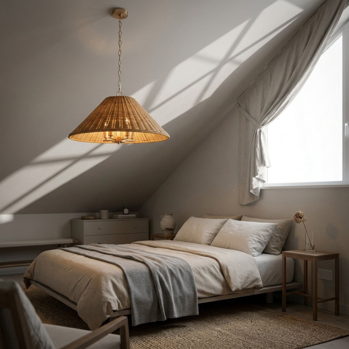 Timor Rattan Drum Pendant in bedroom, Medium coiled drum at nightstand height softening the bulb into a low-glare wash instead of bare light
