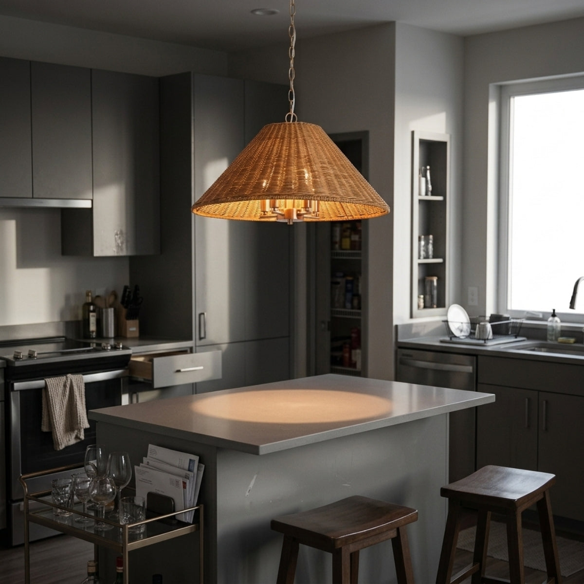 Timor Rattan Drum Pendant over kitchen island, Medium shades clustered evenly for even higher-lumen task light across the counter surface
