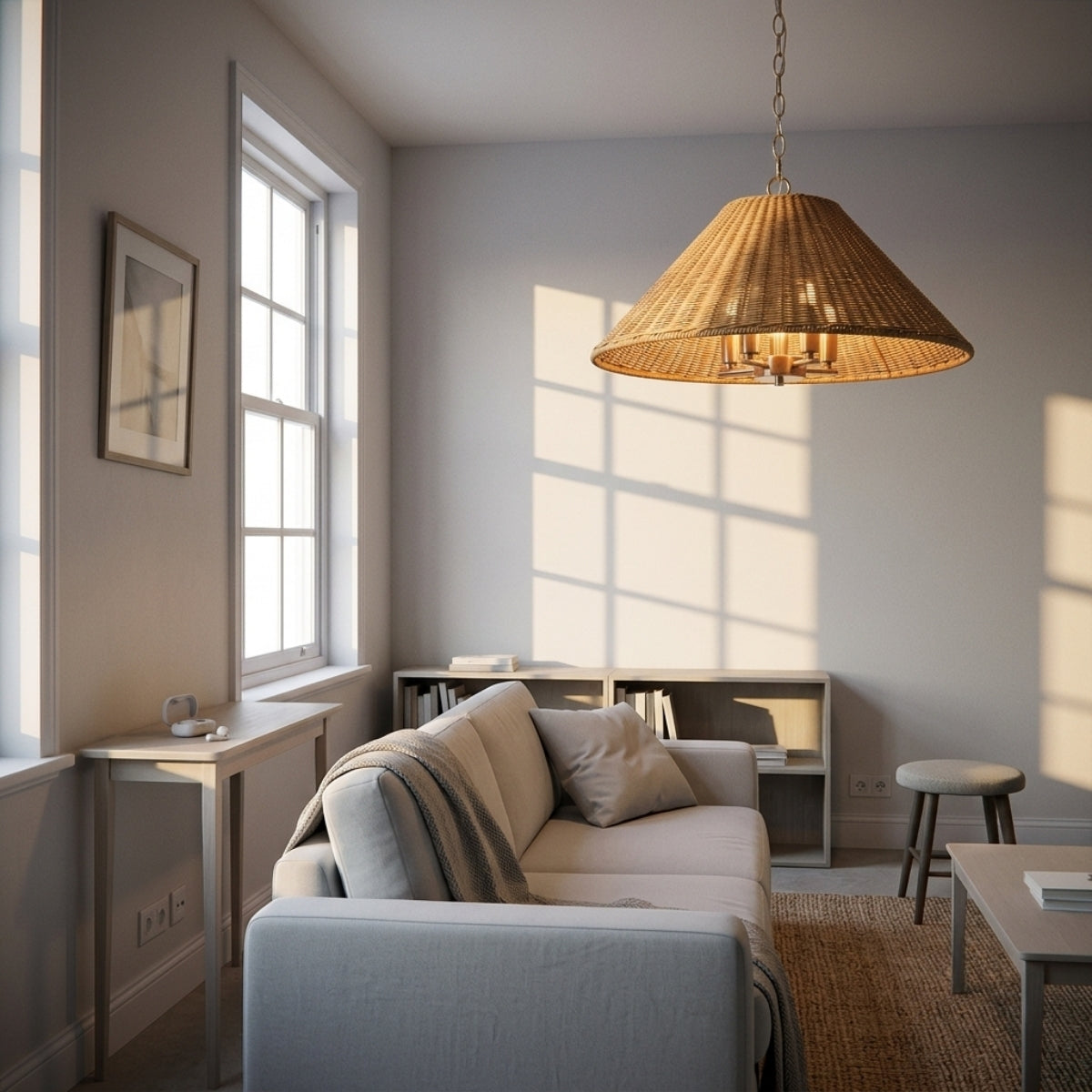 Timor Rattan Drum Pendant in living room, Large flared coil drum reading as ambient glow above the coffee table beside the sofa