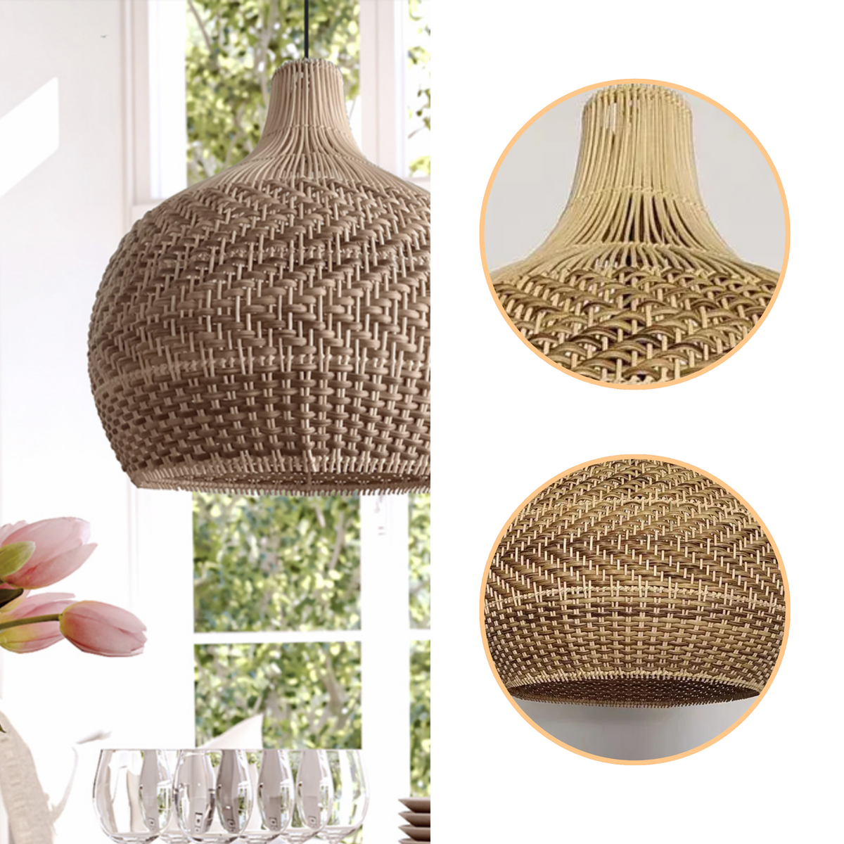 Tobago Small Rattan Pendant with open basket weave, natural matte finish, adjustable cord mount, one E26 socket for warm ambient light and delicate shadow