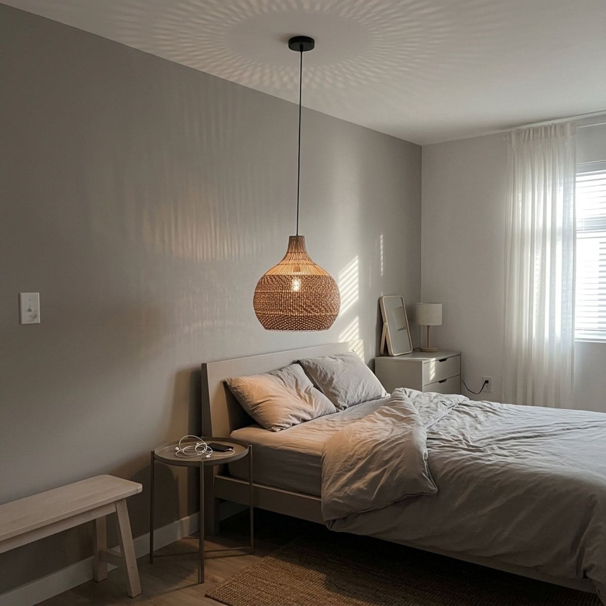 Tobago Rattan Pendant in bedroom, 15.7-inch basket-weave dome beside the bed dimming to a soft glow for late reading nights