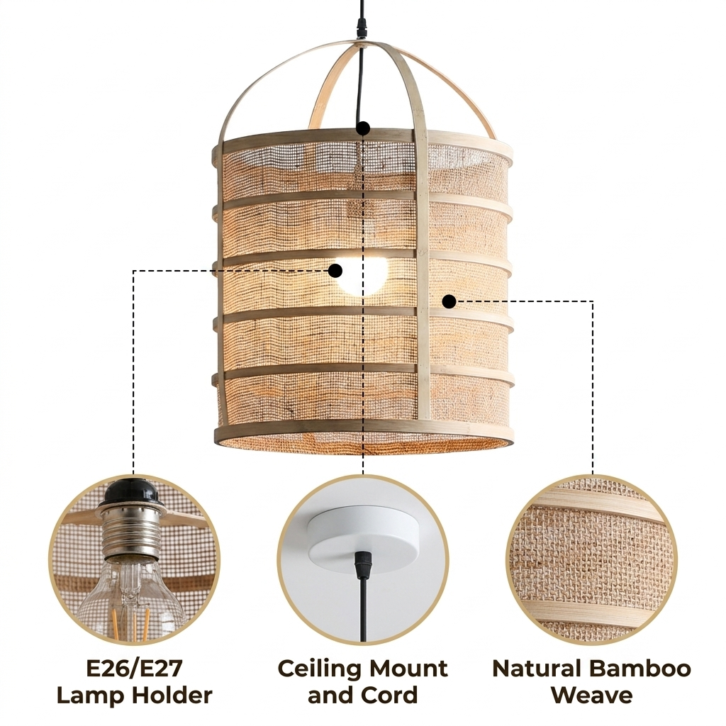 Totary Cylinder Bamboo Pendant with diamond lattice bamboo cage over black metal interior, natural matte finish, adjustable cord mount, one E26 socket for ambient light