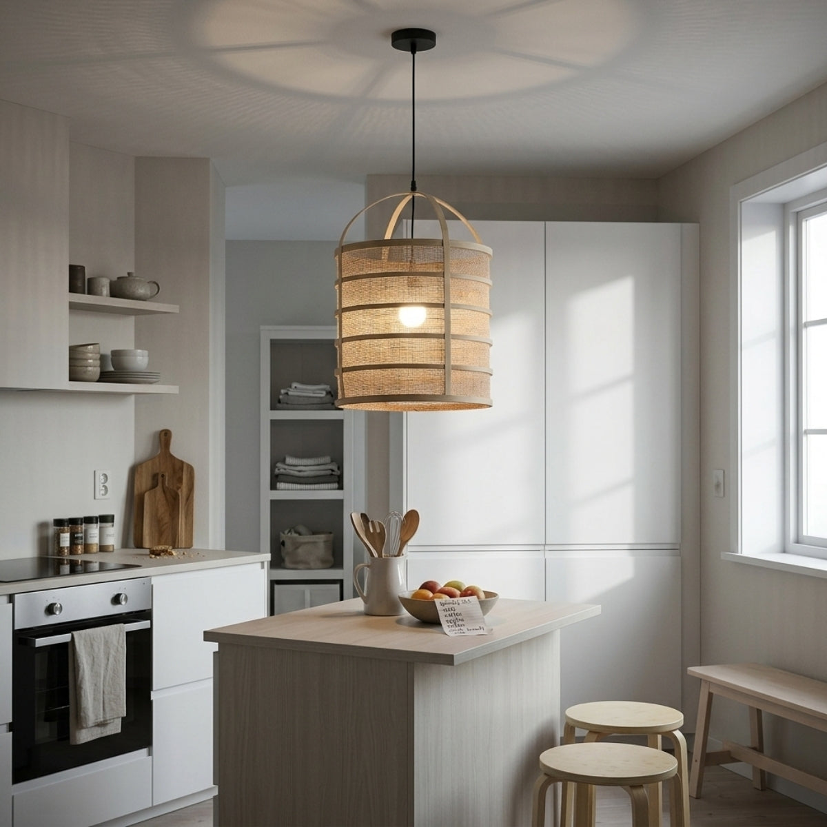 Totary Cylinder Bamboo Pendant over kitchen island, three small cylinders clustered so lattice shadows overlap evenly across the counter surface
