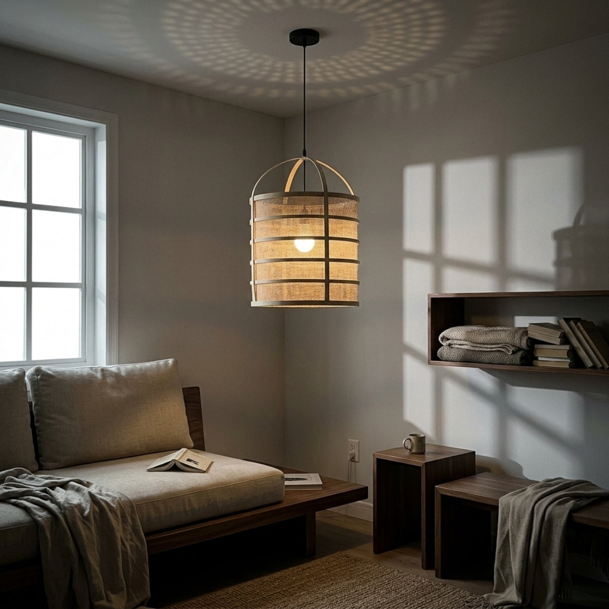 Totary Cylinder Bamboo Pendant in living room, largest 17.7-inch cylinder throwing shadow patterns from its bamboo cage across the sofa area