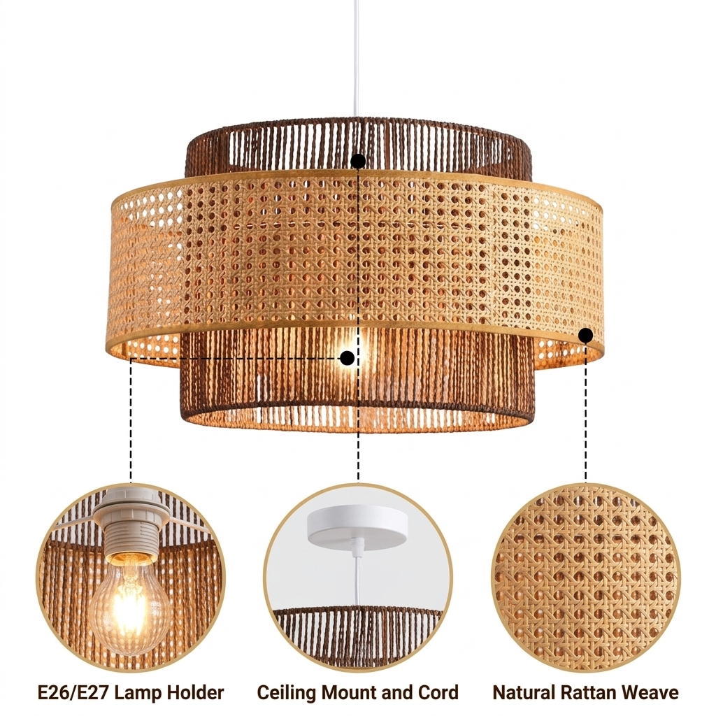 Triela Black and Rattan Drum Pendant with two-tone open-weave layered panels, black and natural matte finish, adjustable cord mount, one E26 socket for ambient light