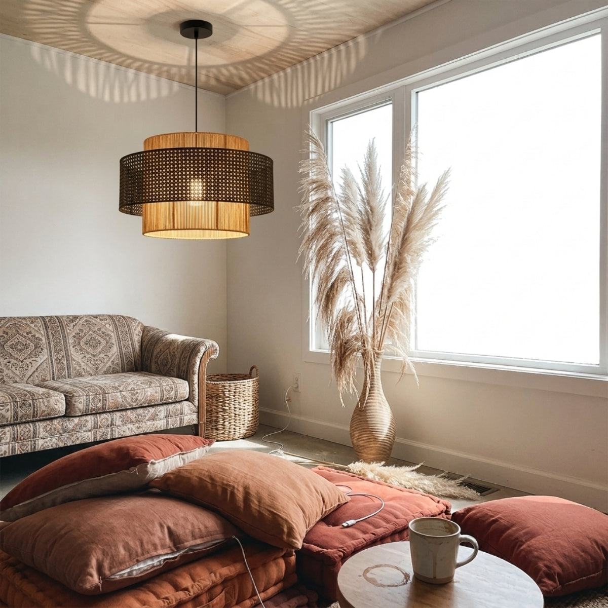 Triela Black and Rattan Drum Pendant in dining room, 23.6-inch drum lighting a standard table evenly while keeping sightlines clear across seats