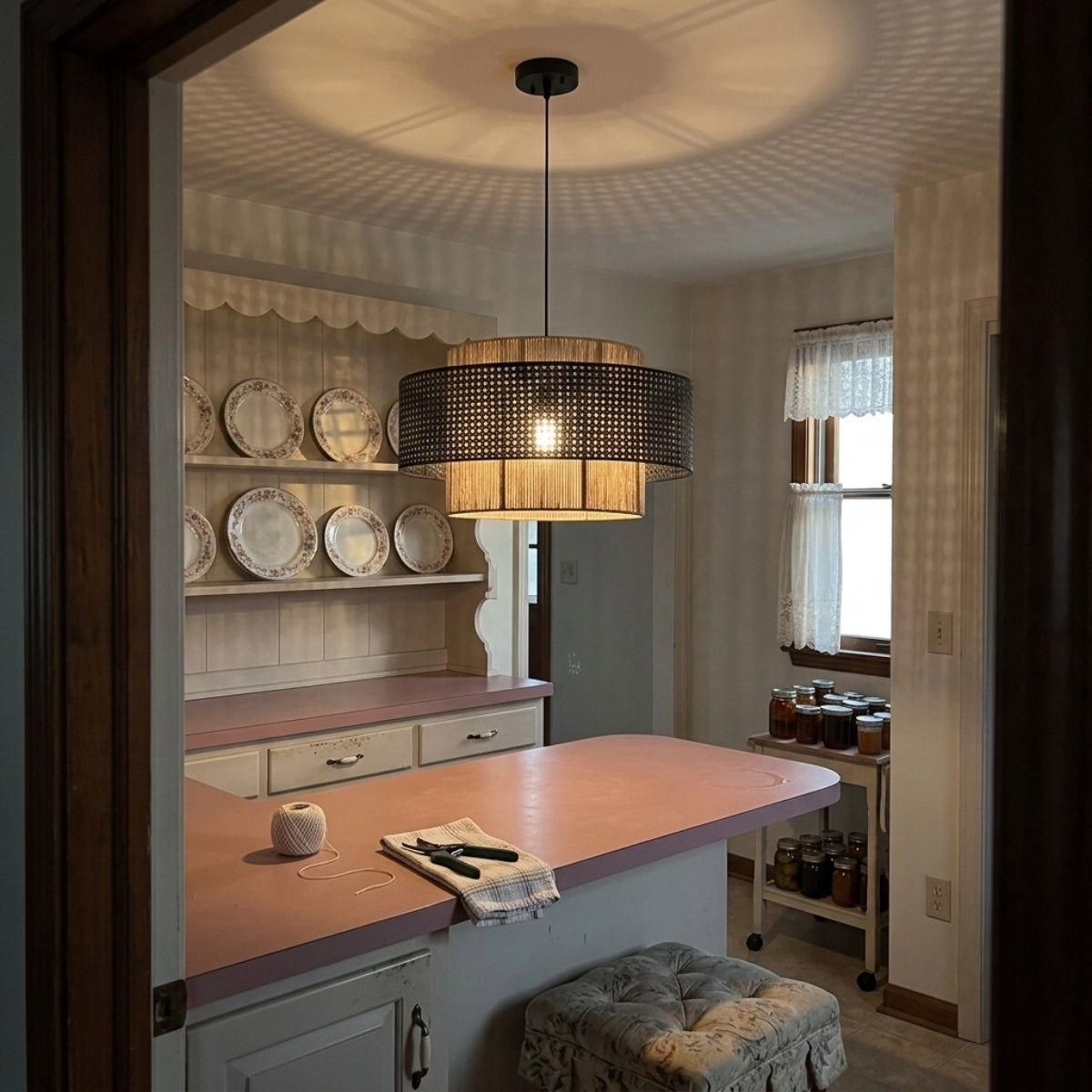 Triela Black and Rattan Drum Pendant over kitchen island, two 19.7-inch drums centered above the counter for even coverage without shadowing