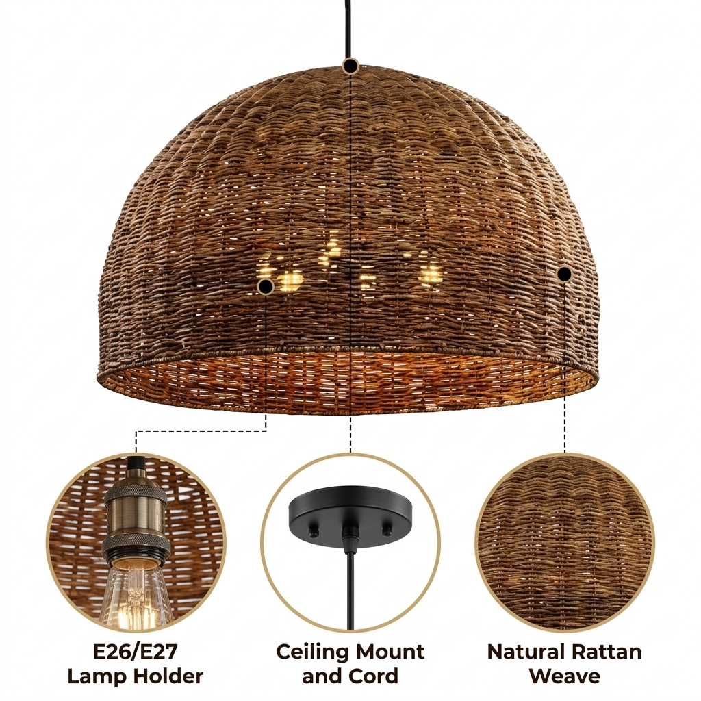 Troy 6-Bulb Dome Wicker Rattan Pendant with radial wicker weave over a curved dome frame, brown matte finish, adjustable cord mount, six E26 sockets for ambient light