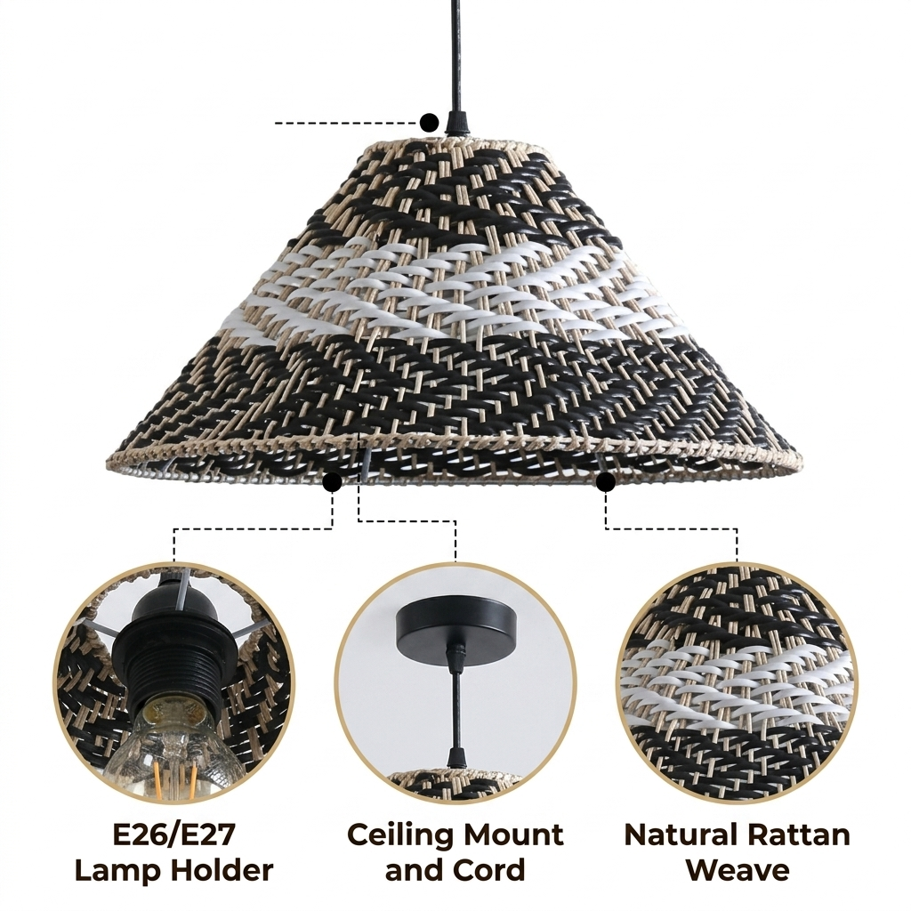 Twirlanda Rattan Black Wicker Pendant with three-tier banded weave and open center row, black matte finish, adjustable cord mount, one E26 socket for downward light