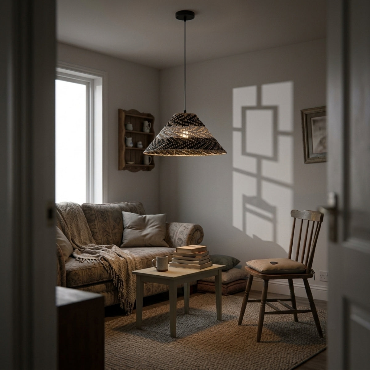 Twirlanda Rattan Black Wicker Pendant in living room, tiered cone reading as a centerpiece over the coffee table with rhythmic banded shadows across seating