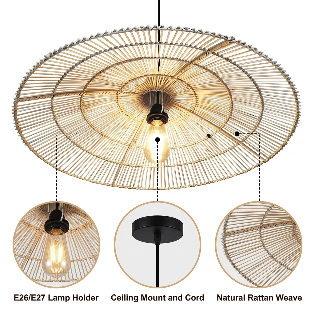 Umbrella Rattan Flat Round Pendant with radial spoke ribs and fine horizontal rattan weaving, natural matte finish, adjustable cord mount, one E26 socket for ambient light