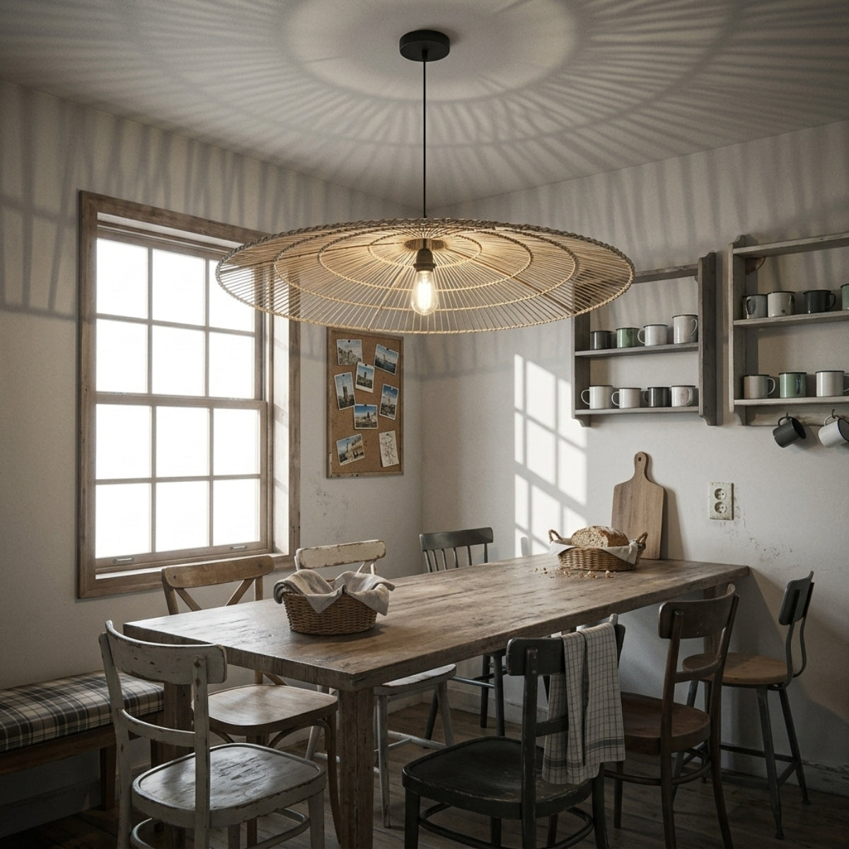 Umbrella Rattan Flat Round Pendant over kitchen island, smaller tiers clustered along the island each centered over its own seat or prep zone