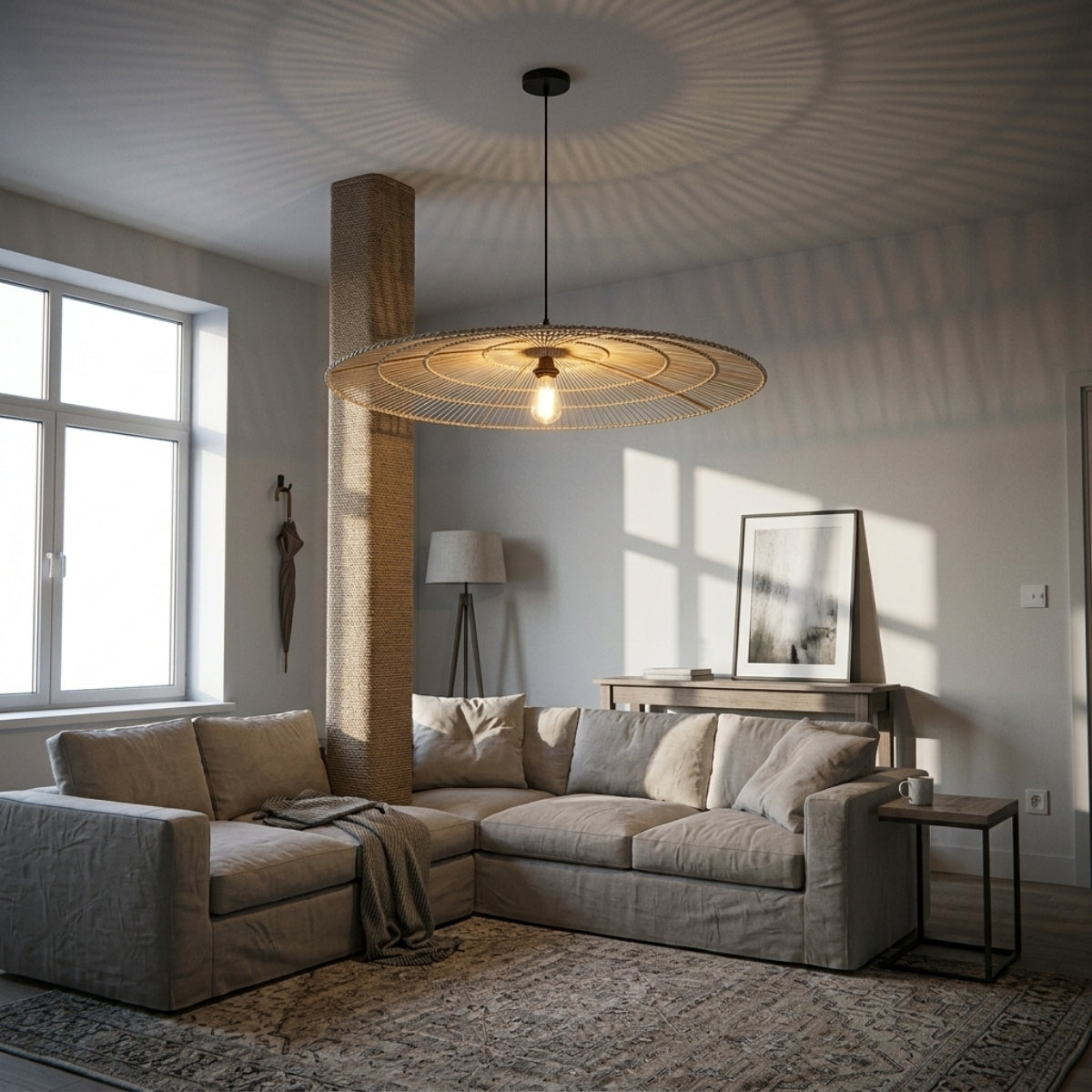 Umbrella Rattan Flat Round Pendant in living room, 31.5-inch tiered disc anchoring the coffee table as a sculptural centerpiece without crowding the sofa