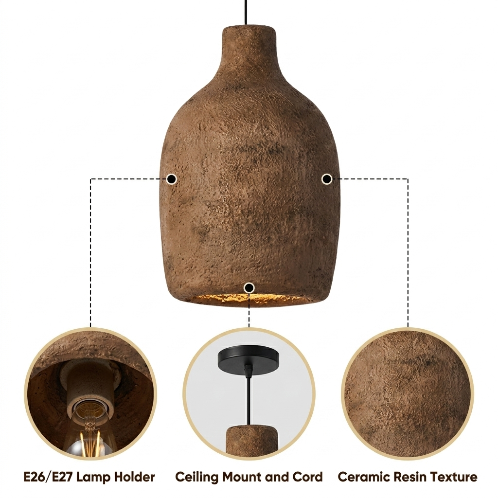 Vase Ceramic Resin Wabi Sabi Pendant with raw-textured hand-finished surface, gray and brown matte finish, adjustable cord mount, one E26 socket for downward glow