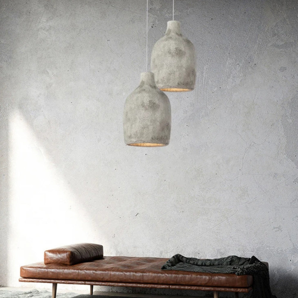 Vase Ceramic Resin Wabi Sabi Pendant in bedroom, tall vase silhouette beside the bed reading as a quiet accent rather than a task light
