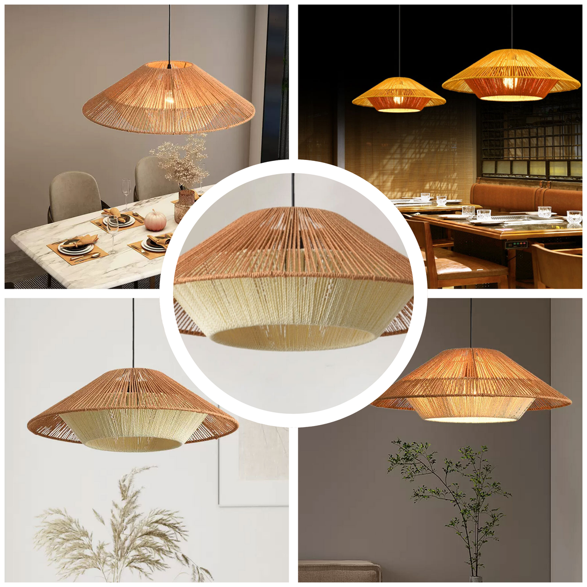Vintage Wabi Sabi Hemp Rope Pendant with open vertical rope weave, natural matte finish, adjustable cord mount, one E26 socket for downward ambient light