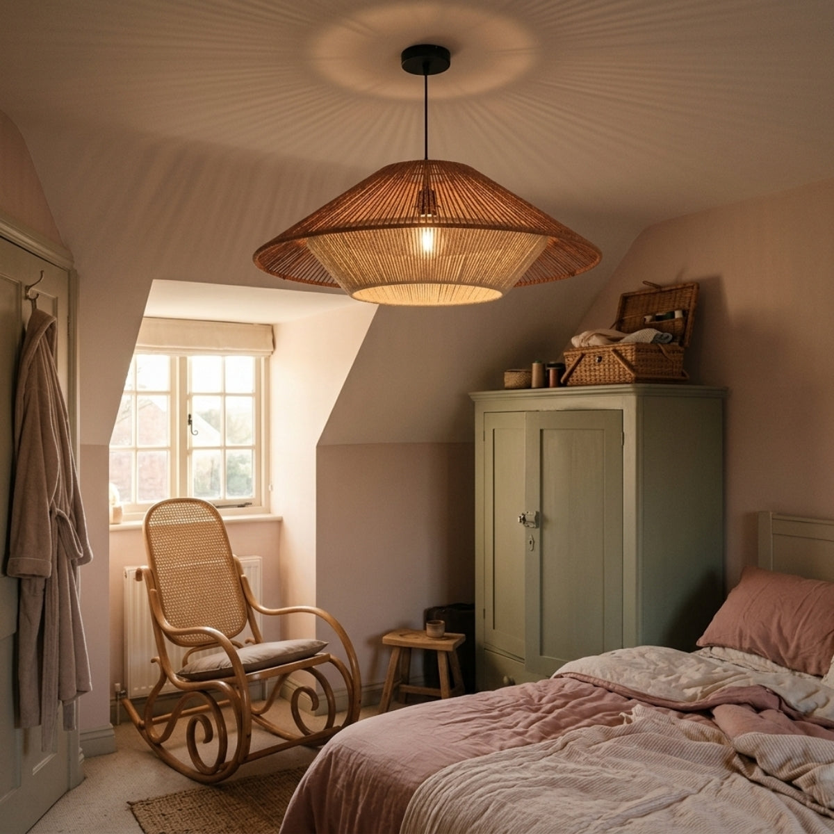 Vintage Wabi Sabi Hemp Rope Pendant in bedroom, 19.7-inch shade with open vertical weave casting a soft patterned glow instead of bare bulb glare