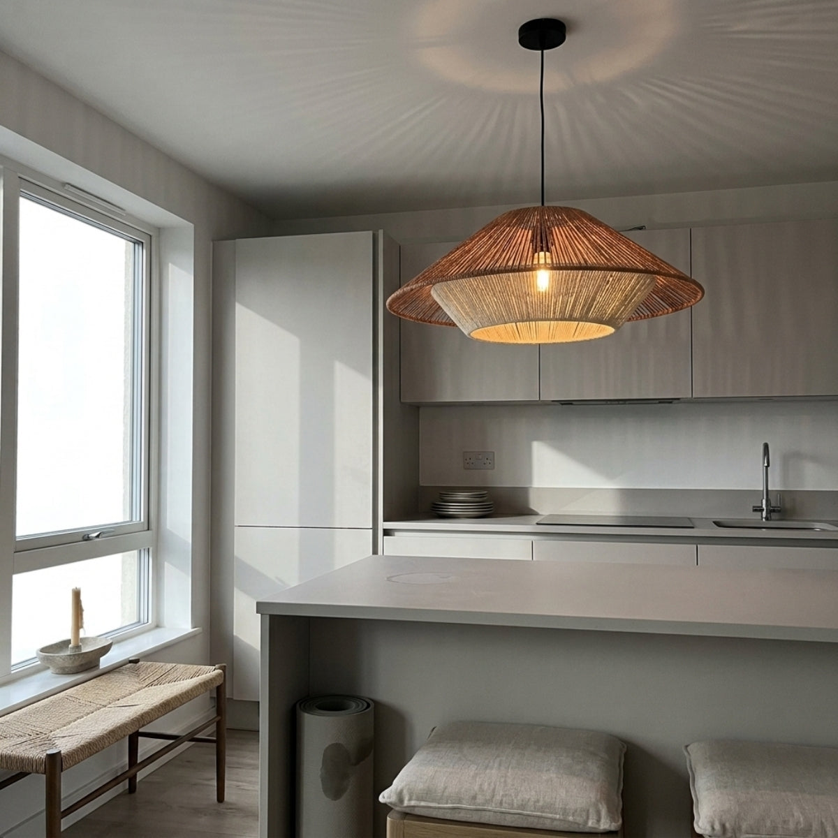 Vintage Wabi Sabi Hemp Rope Pendant over kitchen island, two or three 19.7-inch shades clustered so the smaller diameter avoids clutter at close spacing