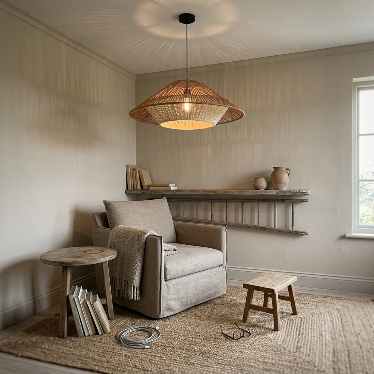 Vintage Wabi Sabi Hemp Rope Pendant in living room, 31.5-inch wide flare reading as a sculptural centerpiece over the coffee table