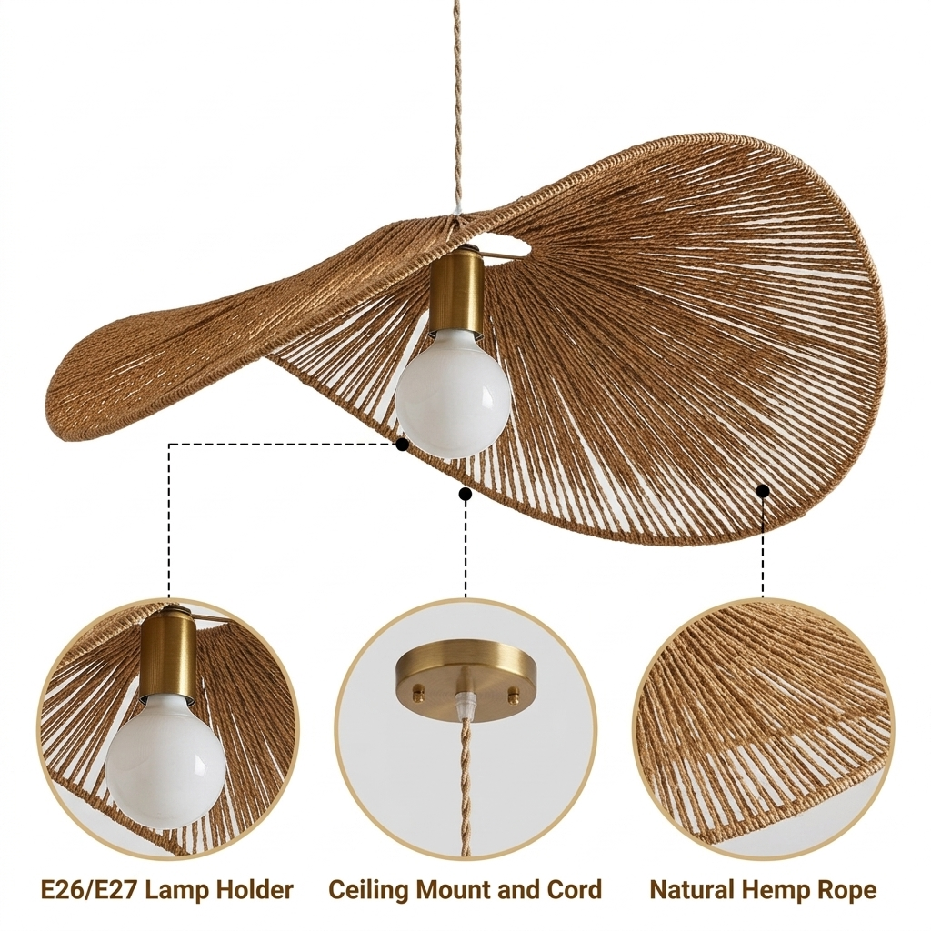 Wabi Sabi Hemp Rope Pendant with asymmetrical open-weave wrap, natural matte finish, adjustable cord mount, one E26 socket for warm ambient light