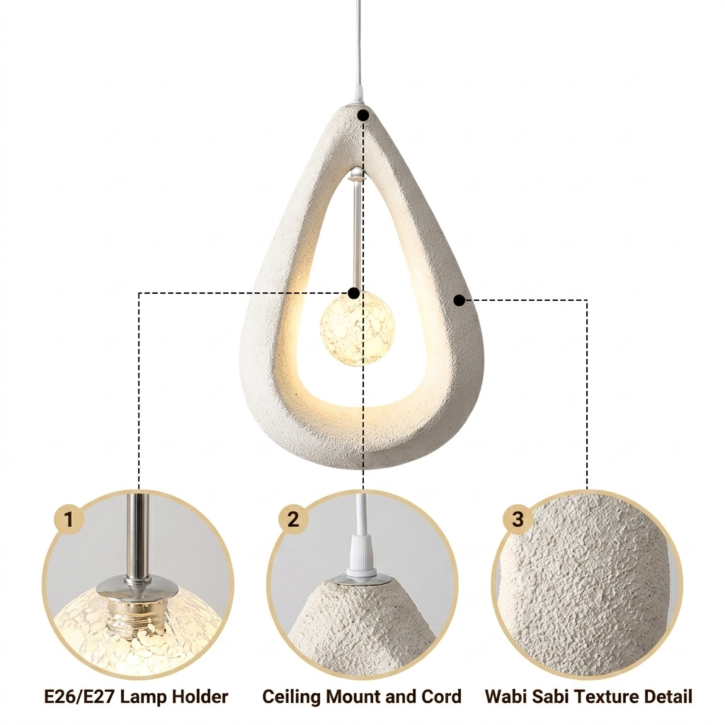 Wabi Sabi Modern Teardrop Pendant with ribbed teardrop shell framing an inner diffusing orb, white or red-brown matte finish, one E26 socket for downward glow