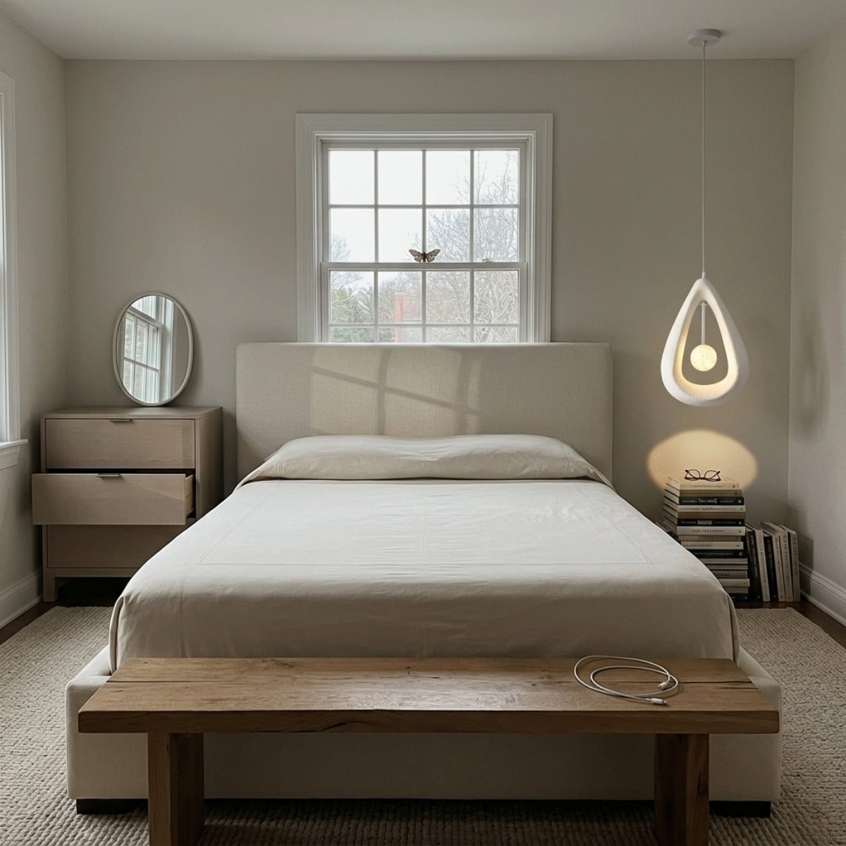 Wabi Sabi Modern Teardrop Pendant in bedroom, ribbed teardrop shell casting a soft glow across the pillows in place of a table lamp
