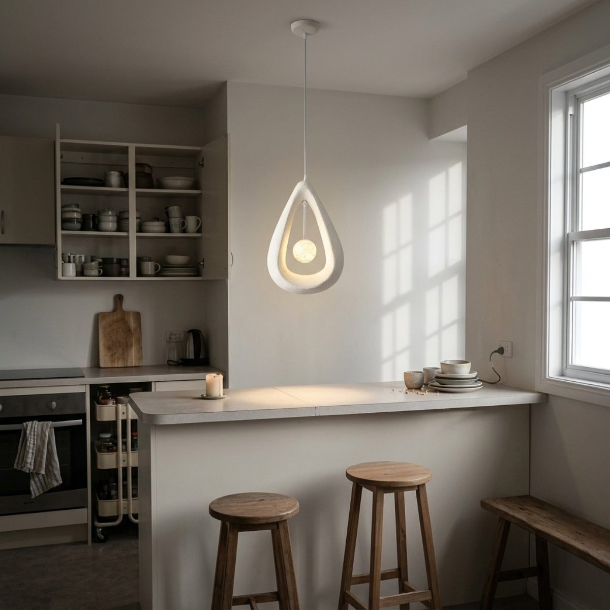 Wabi Sabi Modern Teardrop Pendant over kitchen island, a cluster of two or three teardrops spanning the counter without one shade overpowering it