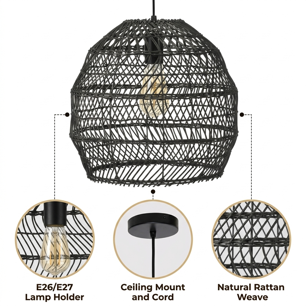 WalmHomie Black Wicker Rattan Pendant Light with tight honeycomb wicker weave, black matte finish, hardwired or plug-in mounting, one E26 socket for warm ambient glow
