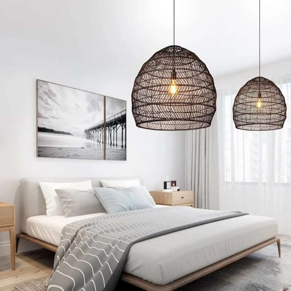 WalmHomie Black Wicker Rattan Pendant Light in bedroom, small honeycomb-shadowed dome hanging 20 to 26 inches above the nightstand for intimate reading light