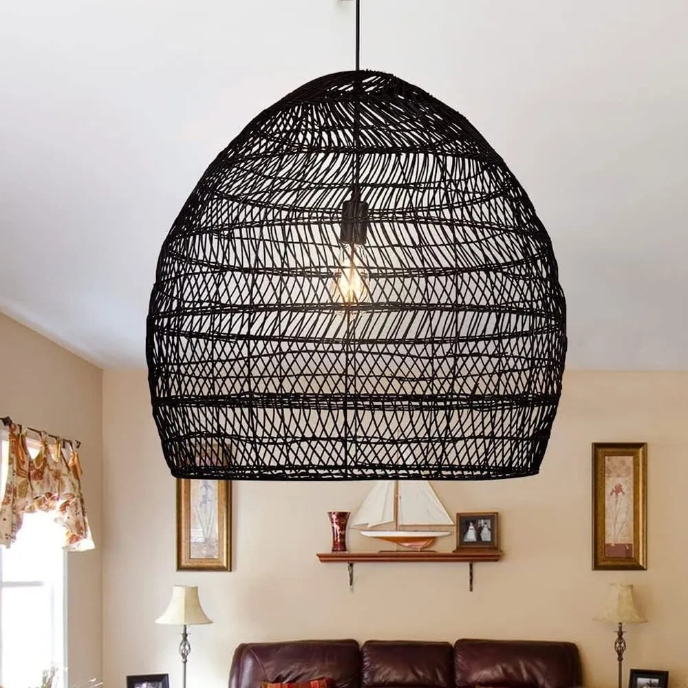 WalmHomie Black Wicker Rattan Pendant Light in living room, 19.7-inch dome centerpiece clearing 8 to 9 ft ceilings above the sofa and coffee table