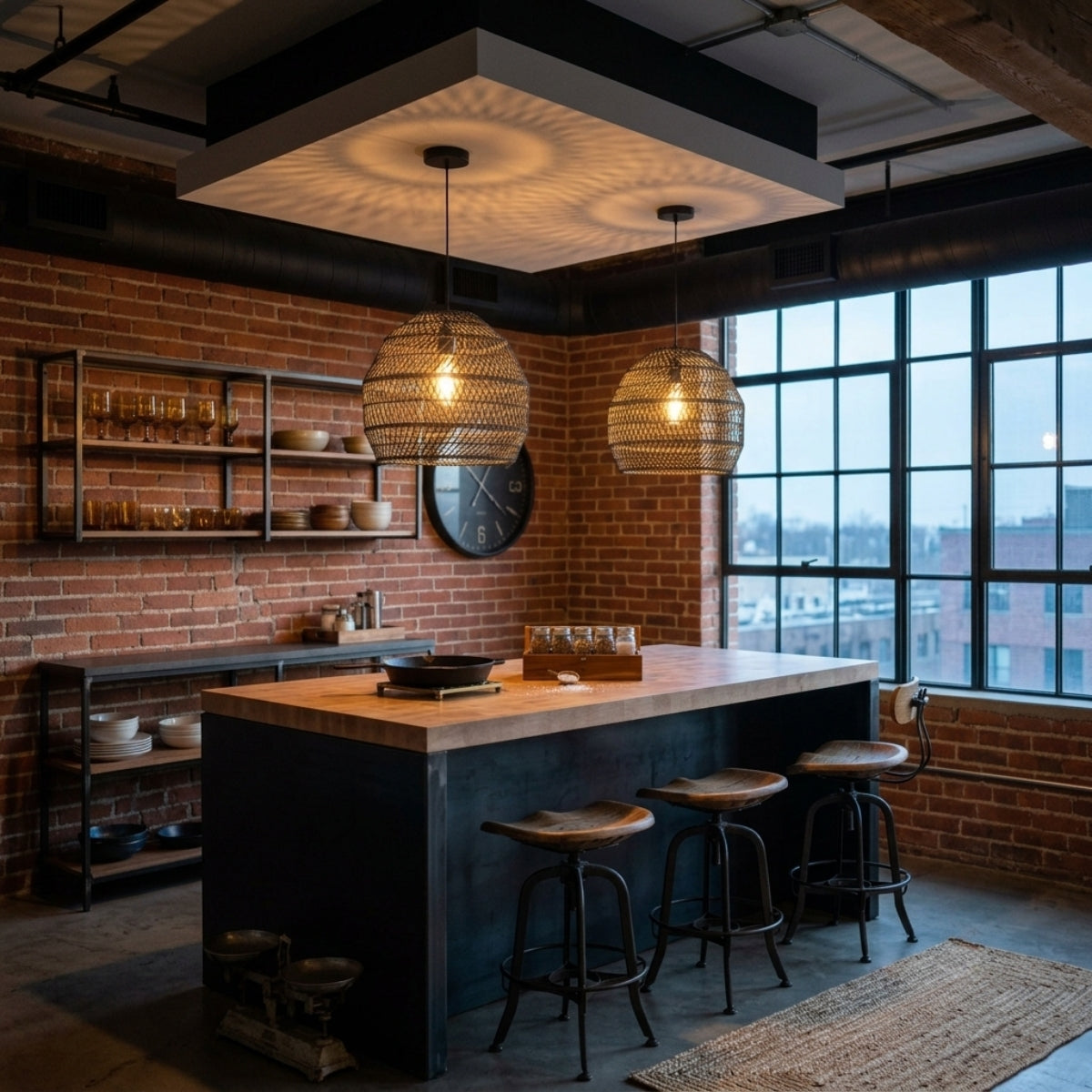 WalmHomie Black Wicker Rattan Pendant Light over kitchen island, clustered black honeycomb-weave domes casting warm shimmering downlight over an industrial prep island