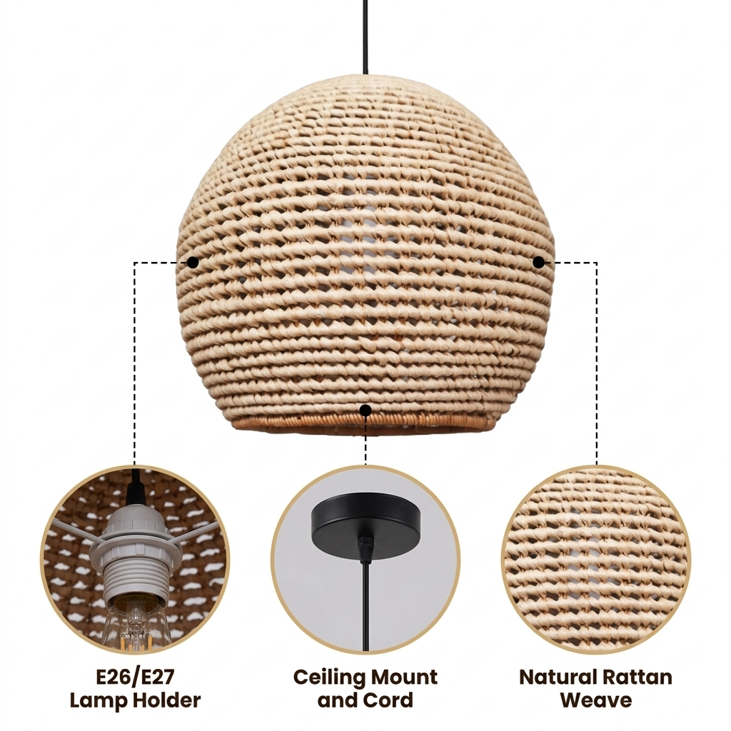 Wekiva Globe Rattan Basket Pendant Light with dense coiled rattan basket weave, beige matte finish, hardwired or plug-in mount, one E26 socket for ambient light
