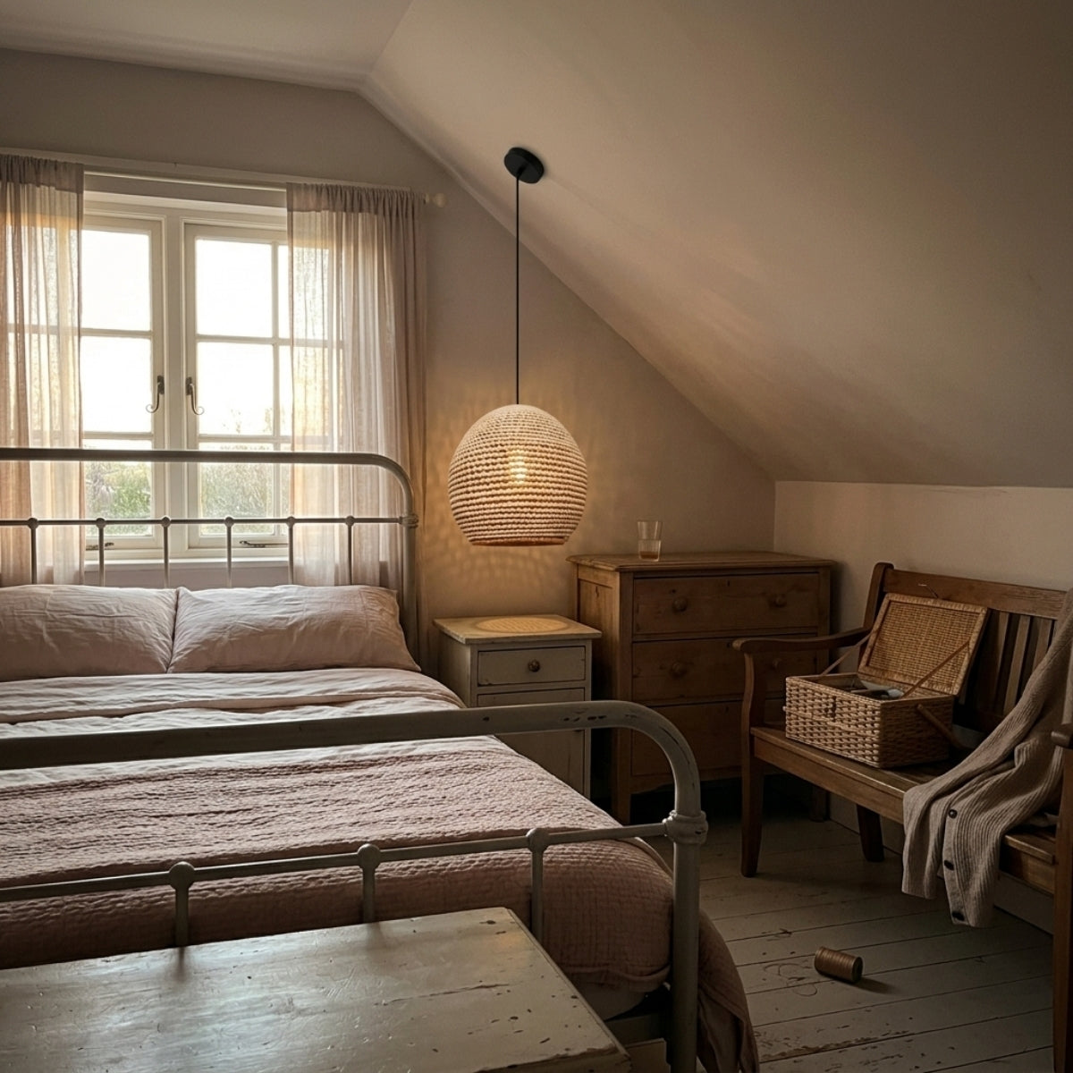 Wekiva Globe Rattan Basket Pendant Light in bedroom, coiled rattan softening the bulb into a warm wash across the pillow beside the nightstand