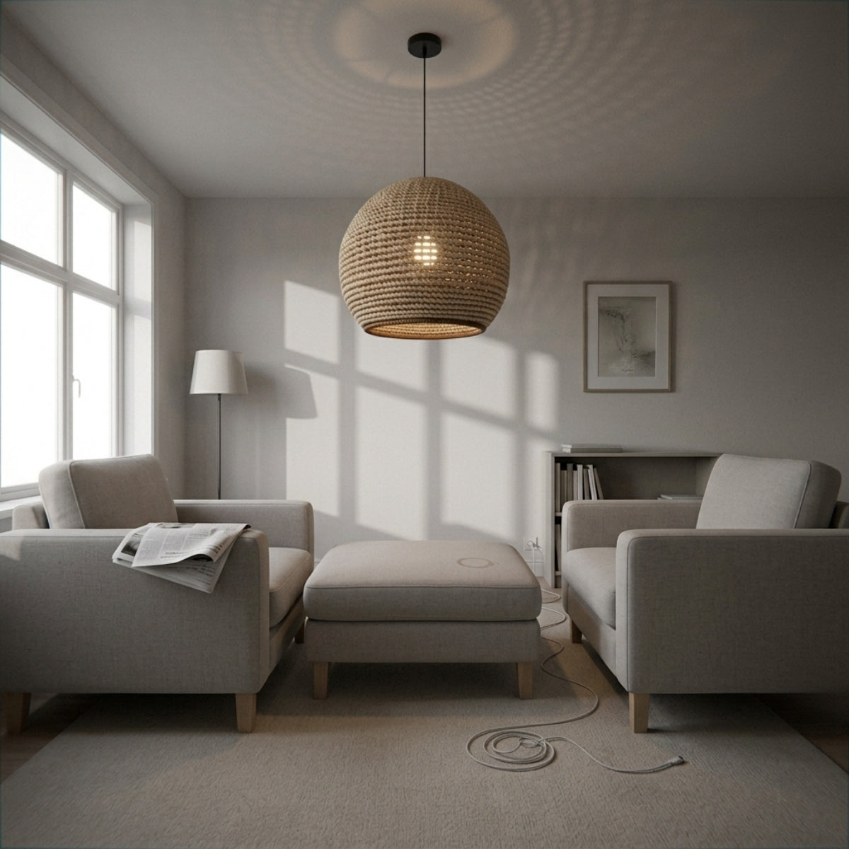 Wekiva Globe Rattan Basket Pendant Light in living room, coiled weave diffusing soft ambient glow beside the sofa near a reading chair