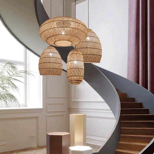 Set 4 Natural Rattan Chandelier Pendant Light Fixtures