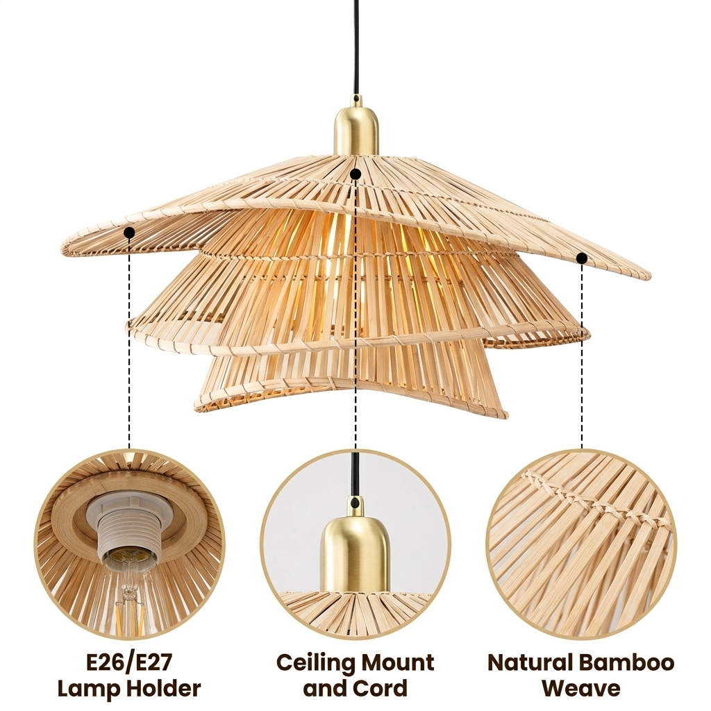 Wilby Tiered Bamboo Pendant Light with tiered flower-petal bamboo strip weave, natural matte finish, hardwired or plug-in mounting, one E26 socket for warm ambient glow