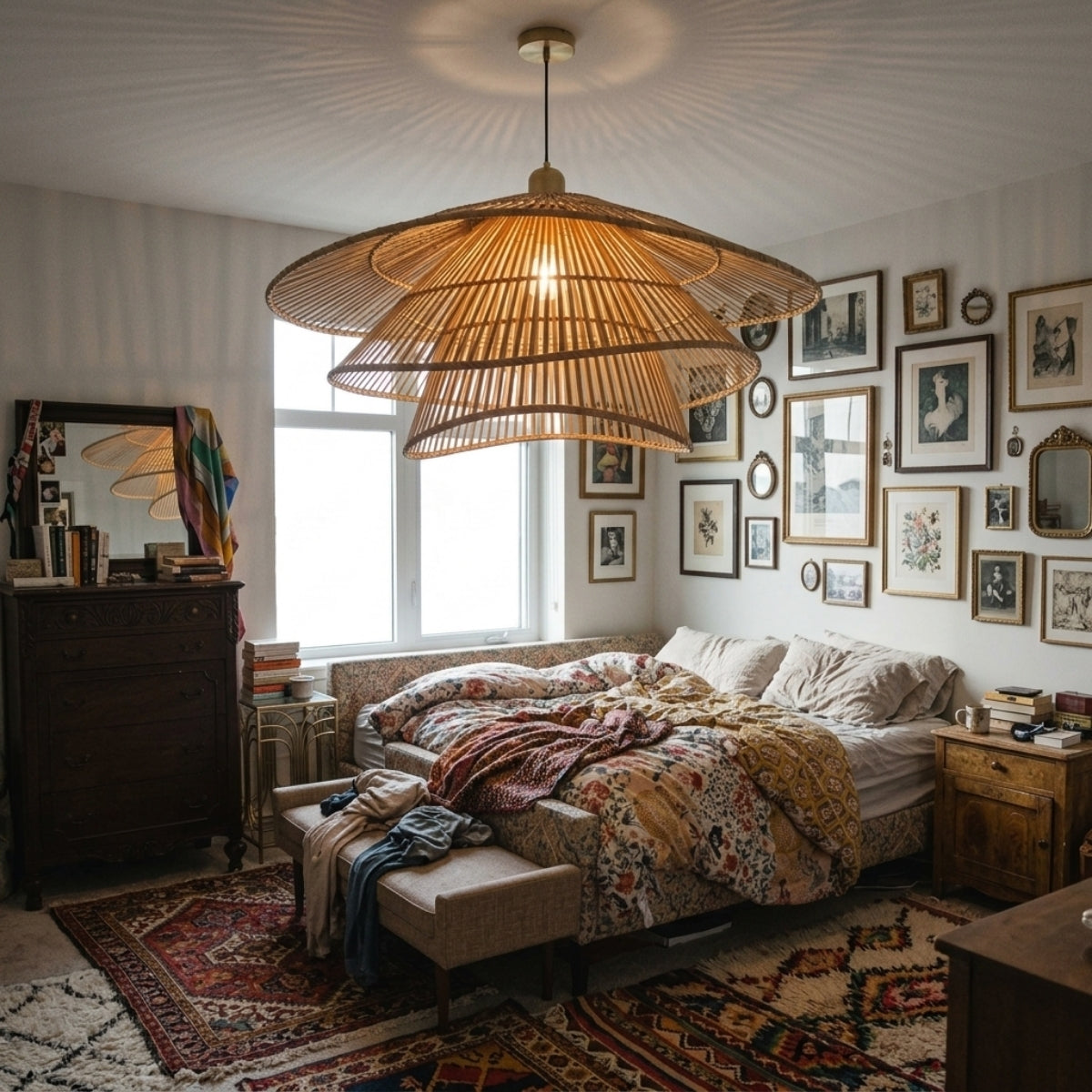 Wilby Tiered Bamboo Pendant Light in bedroom, small tiered bamboo weave softening the glow for reading, hung 20 to 26 inches from the mattress