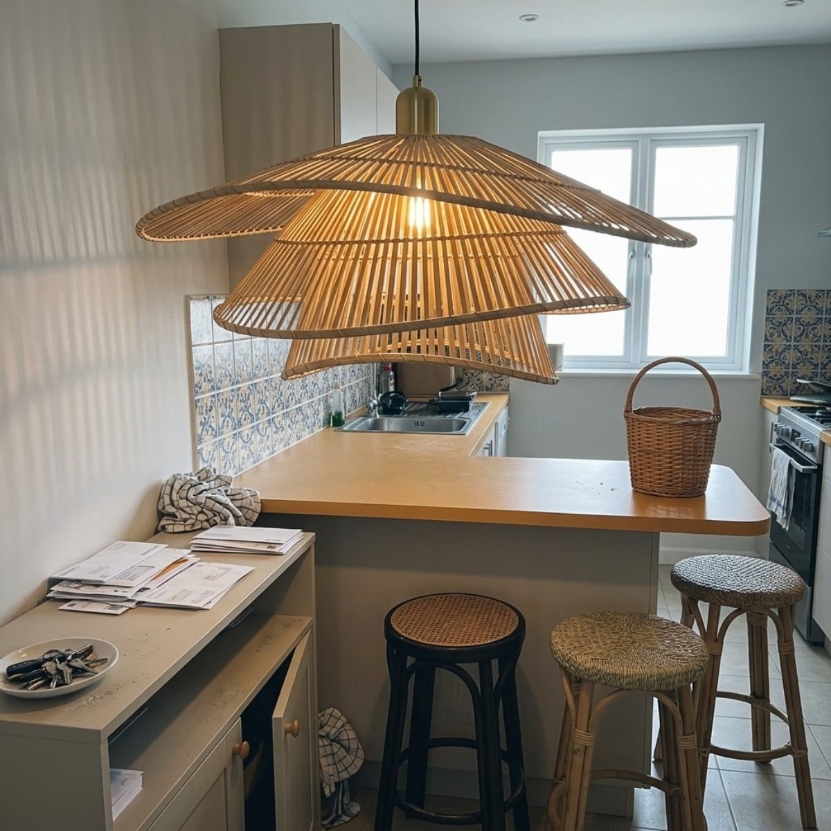 Wilby Tiered Bamboo Pendant Light over kitchen island, clustered tiered fixtures with open bamboo weave scattering light for prep without crowding the sightline