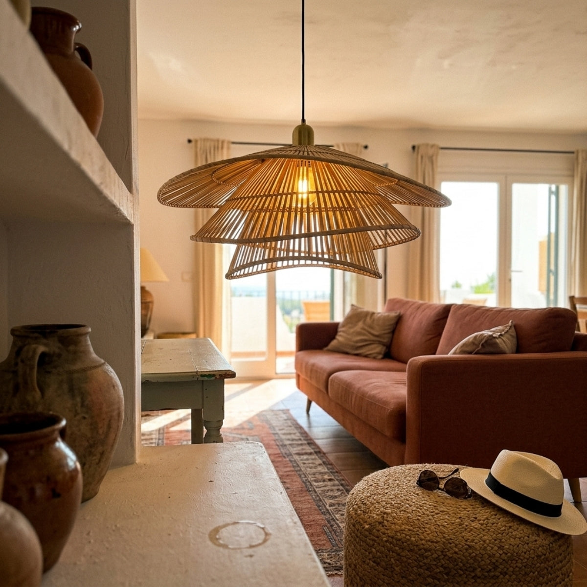 Wilby Tiered Bamboo Pendant Light in living room, 15.7-inch tiered petals casting layered shadows across the sofa and walls as a centerpiece