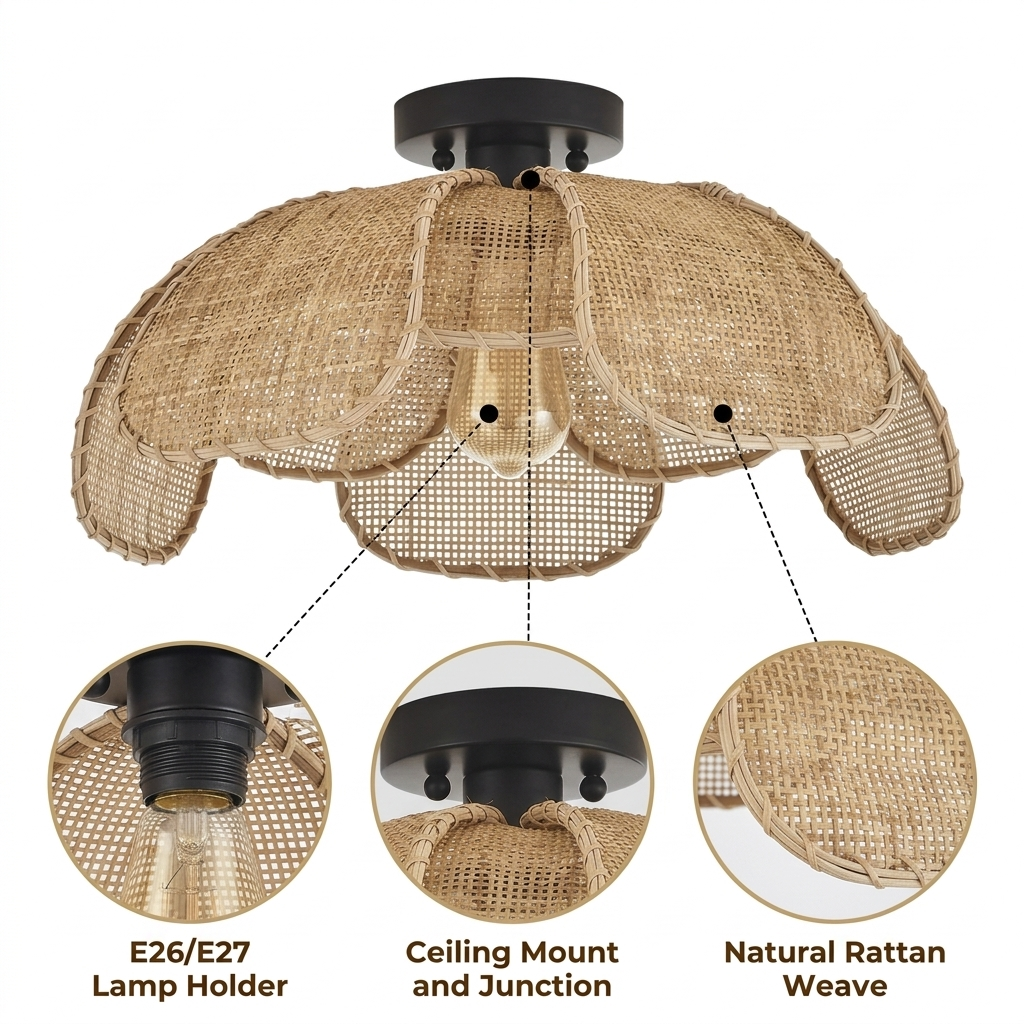 Willa Rattan Flower Ceiling Light with curved petal basketry weave, natural matte finish, hardwired or plug-in mounting, one E26 socket casting warm ambient shadow accents