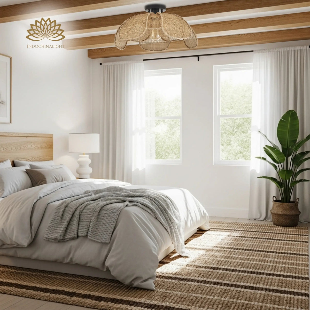 Willa Rattan Flower Ceiling Light in bedroom, dappled petal shadow hanging 20 to 26 inches above the nightstand beside a queen or king bed