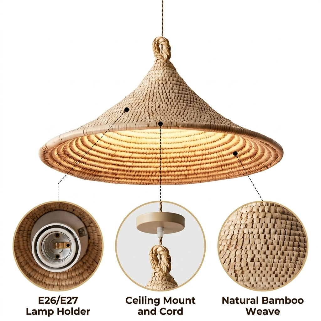 Yariah Cone Bamboo Rattan Pendant Light with spiral rattan weave over a bamboo rib frame, beige matte finish, hardwired mounting, one E26 socket for focused glow