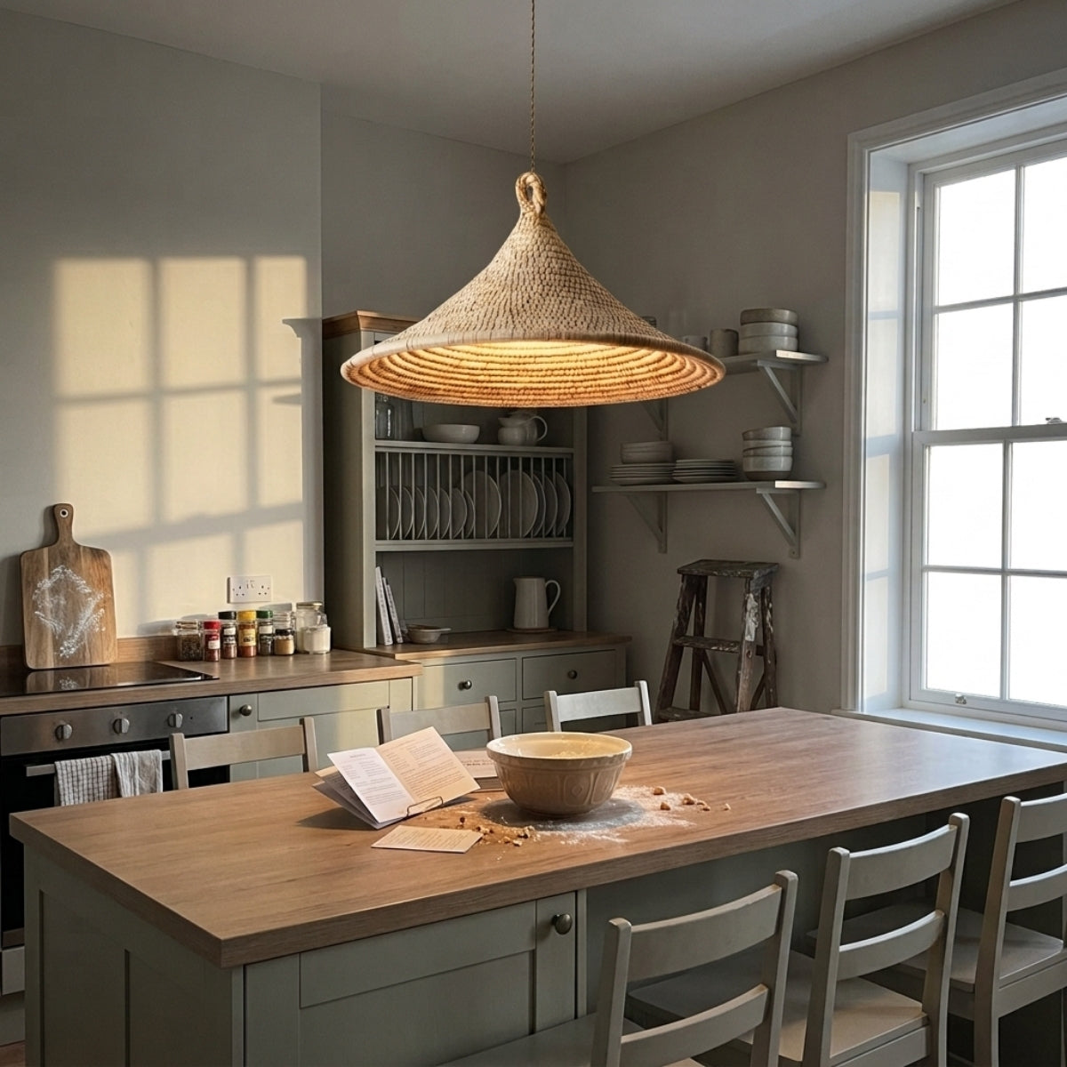 Yariah Cone Bamboo Rattan Pendant Light over kitchen island, three clustered cones spaced 24 to 30 inches apart for even counter coverage