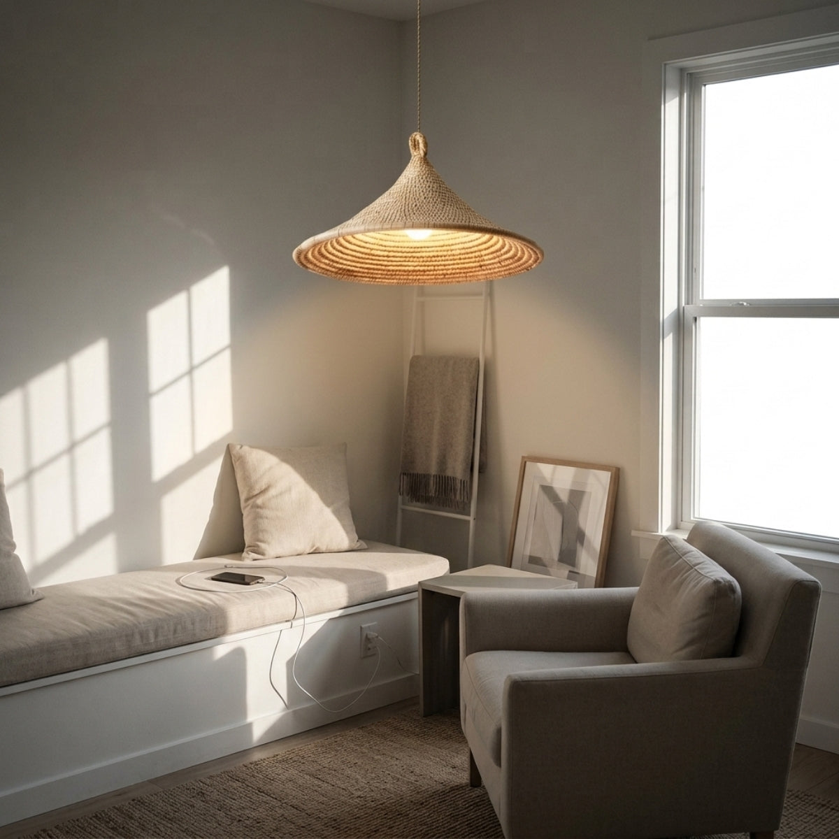Yariah Cone Bamboo Rattan Pendant Light in living room, 23.6-inch cone centerpiece over the coffee table with a smaller cone giving ambient sofa light