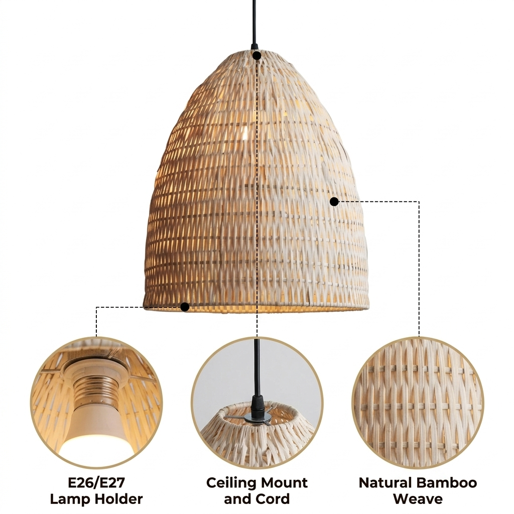 Yujidao White Bamboo Pendant Light Shade with diagonal strip weave over a curved bell frame, white matte finish, hardwired mounting, one E26 socket for ambient glow