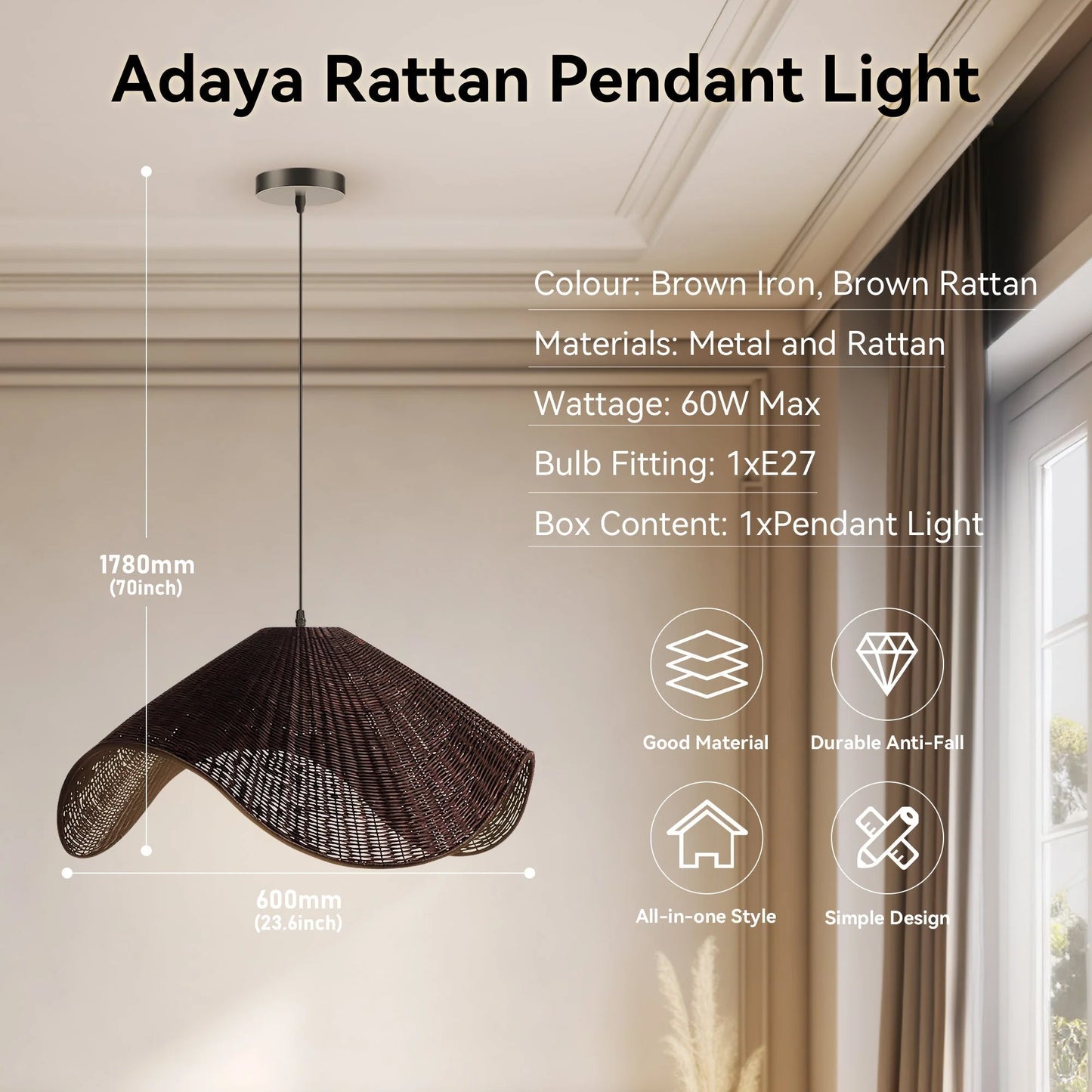 Adaya Black Rattan Pendant Light Specifications