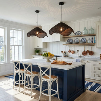 Adaya Black Wicker Rattan Pendant Light in Coastal Kitchen Island